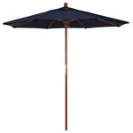 March Products - 7.5' Wood Umbrella, Navy - The classic look of a traditional wood market umbrella by California Umbrella is captured by the MARE design series.  The hallmark of the MARE series is the beautiful 100% marenti wood pole and rib system. The dark stained finish over a traditional marenti wood is perfect for outdoor dining rooms and poolside d- cor. The deluxe push lift system ensures a long lasting shade experience that commercial customers demand. This umbrella also features Sunbrella fabrics, which are built on a foundation of solution-dyed acrylic yarn, the most resilient and solid material for prolonged sun exposure, to offer even longer color retention rating than competing material sources.