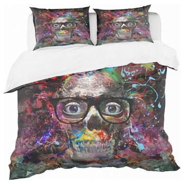 Colorful Human Skull With Glasses Modern Duvet Cover Set, King