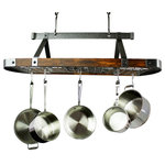 Enclume - Signature 45" Oval Ceiling Pot Rack Hammered Steel w Tigerwood & 18 Hooks - Handcrafted in the USA, this Enclume Signature Collection 45" Oval Ceiling Pot Rack with Tigerwood is inspired by French tradition. Enclume brings innovation and design to our legendary Oval Ceiling rack creating a uniquely authentic, beautiful and functional cookware rack. Each Signature Series product integrates the finest materials including Enclume�s Legendary Hammered Steel and FSC Certified Tigerwood. Enclume delivers professional grade, handcrafted and heirloom quality in the kitchen, home and hearth. Constructed of superior, hot rolled, high Carbon Steel, and Enclume's Signature Hammered Steel finish with a protective clear coating providing durability and strength for lasting value and visual appeal. Beautiful and timeless! Assembly Instruction and Installation hardware are provided. Mounting directly into ceiling joists or beams is recommended. Consult your handyman or local hardware store for mounting to drywall or your specific ceiling type. Includes 18 Hooks; 12 Angled and 6 Straight Multi-Purpose Pot Hooks. Solid Steel Frame and Tigerwood, Professional Grade. Forged by our Skilled Craftsmen in the Pacific Northwest, USA. Assembly Required. Hardware and Installation Instructions Included. Mounting directly into ceiling joists or beams is recommended. Consult your handyman or local hardware store for mounting to drywall or your specific ceiling type.