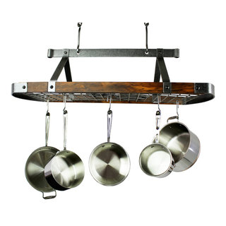 Enclume 45" Oval Ceiling Pot Rack Hammered Steel w Tigerwood w 18 Hooks -  Rustic - Pot Racks And Accessories - by Enclume | Houzz