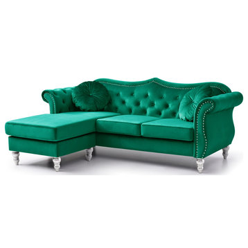 Hollywood 81 in. Green Velvet Chesterfield Sectional Sofa With 2-Throw Pillow