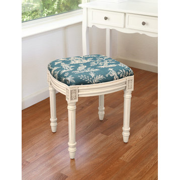 Canton Graden-Navy, Print Linen Upholstered Vanity Stool, Navy Blue