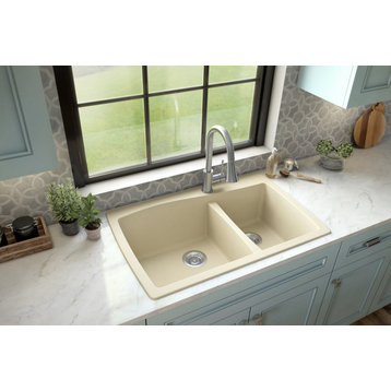 Karran Drop-In Quartz 34" 1-Hole 60/40 Double Bowl Kitchen Sink, Bisque