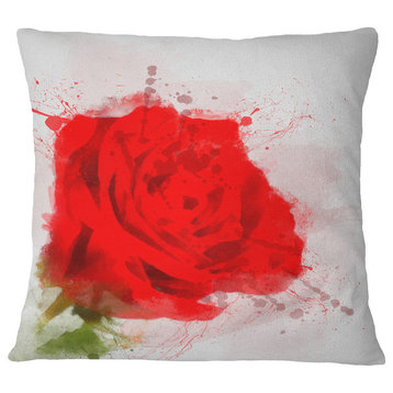 Bright Red Watercolor Rose Sketch Floral Throw Pillow, 18"x18"