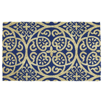 DII 30x18" Modern Coir Fabric Tunisia Scroll Doormat in Blue/Beige
