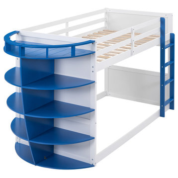 TATEUS Twin over Twin Boat-Like Shape Bunk Bed with Storage Shelves, White+blue