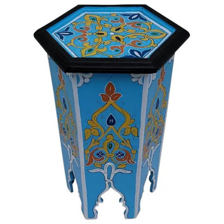 Small Moroccan Hexagonal Hand Painted Wooden Side Table, Sky Blue Zouak