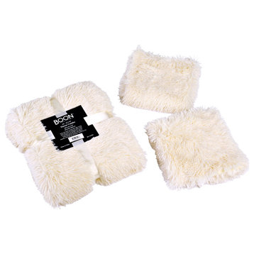 Shaggy Throw Blanket and 2 Pillow Shell 3 Piece Set, Ivory, Throw 50"x60" and 2 Pillow Shells 20"x20"