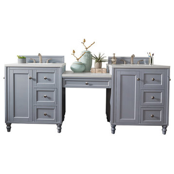 86 Inch Double Bath Vanity, Gray, Makeup Table, Carerra Marble, Transitional