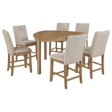 Natural Rustic Wood 7pc Dining Set in Counterheight with Beige Linen Chairs