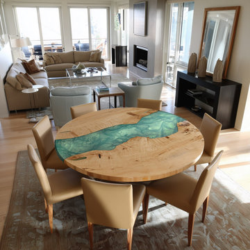 Handcrafted Round Ash Live Edge Dining Table with Muted Light Green Epoxy Inlay