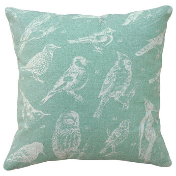 Bird Watch Printed Linen Pillow With Feather-Down Insert, Aqua