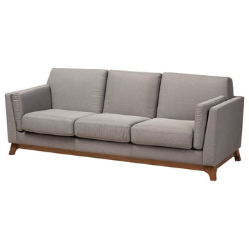 Lion Mid-Century Modern Gray Fabric Walnut Wood 3-Seater Sofa