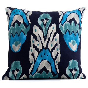 Ethnic Ikat pillow cover, Vervain fabric, blue designer pillow cover, , 18x18