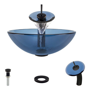 601 Colored Glass Vessel Sink, Aqua, Waterfall Faucet, Antique Bronze
