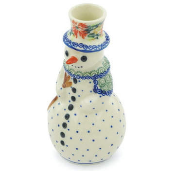 Polish Pottery 6" Stoneware Snowman Candle Holder Hand-Decorated Design
