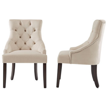 Set of 2 Accent Chair, Padded Velvet Seat With Diamond Button Tufted Back, Beige