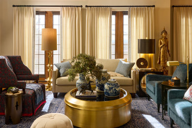 Inspiration for a mid-sized open concept medium tone wood floor and multicolored floor living room remodel in Denver with beige walls
