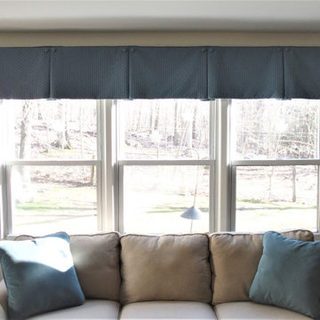 Box pleat valances enhanced with covered buttons in a quiet study