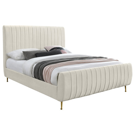 Zara Channel Tufted Velvet Upholstered Bed With Custom Gold Legs, Cream, Queen