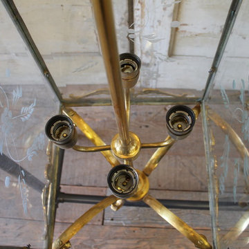 Pair of English Gilt Bronze Lantern Lights with Etched Glass