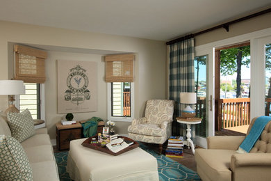 Living room - small coastal open concept and formal medium tone wood floor living room idea in Grand Rapids with beige walls, a corner fireplace, a tile fireplace and a wall-mounted tv
