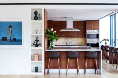 This is an example of a mid-sized contemporary u-shaped kitchen in New York with flat-panel cabinets, marble benchtops, grey splashback, marble splashback, stainless steel appliances, light hardwood floors, with island and beige floor.