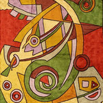 Kashmir Designs - Kandinsky Tapestry 2.5ftx4ft Red Green Gold  Wall Hanging Rug Carpet Art Silk - This modern accent wall art / tapestry / rug is hand embroidered by the finest artisans and design inspired by the works of Wassily Kandinsky. These wall art / tapestry / rugs can be used to decorate the walls of your homes or to spice up the decor.