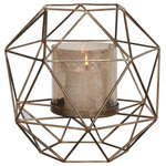 Uttermost - Myah Candleholder - Candleholder featuring an open iron, geometric pattern finished in an antiqued gold. Candle cup with copper bronze luster glass globe appears to be floating in the center with one 4"x 4" white candle.