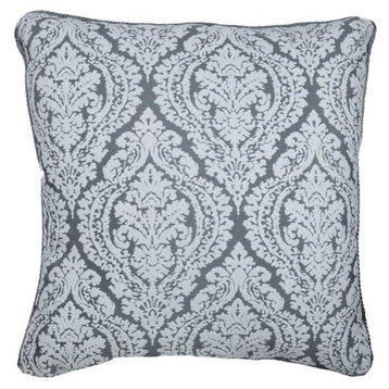Grey Throw Pillow Cover, Gray and Ivory Damask 24"x24" Silk, Frosted Damask