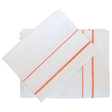 Giulia Embroidered Flat Sheet, White With Orange, Queen