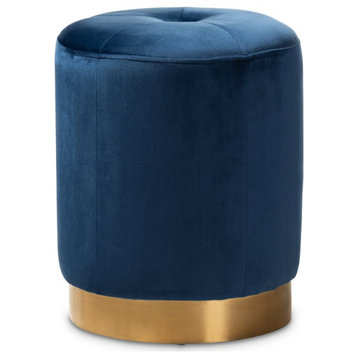 Baxton Studio Alonza Modern Upholstered Velvet Ottoman in Navy Blue and Gold