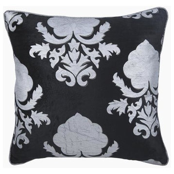 Black Decorative Pillow Cover, Silver Print 24"x24" Velvet, Behind the Damask