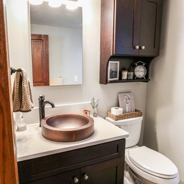 Century Home Farmhouse Masterbath with Vessel Sink and Tiled Shower