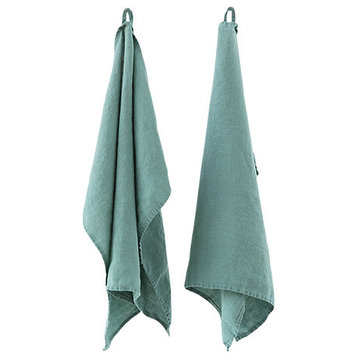 Set of 2 Stone Washed Linen Tea Towels Spa Green