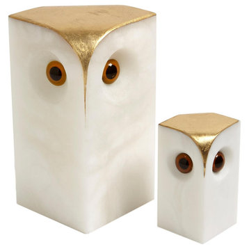 Mid Century Modern White Alabaster Owl Set Sculpture Gold Carved Stone Retro