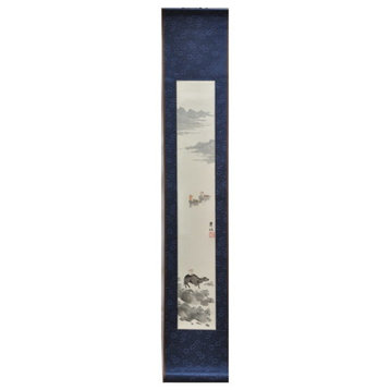 Flute Playing on Ox Back Slim Blue Scroll