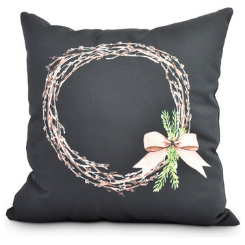 Sprig of Green 16" Black Holiday Print Decorative Throw Pillow