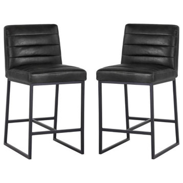 Home Square 2 Piece Modern Faux Leather Counter Stool Set in Coal Black