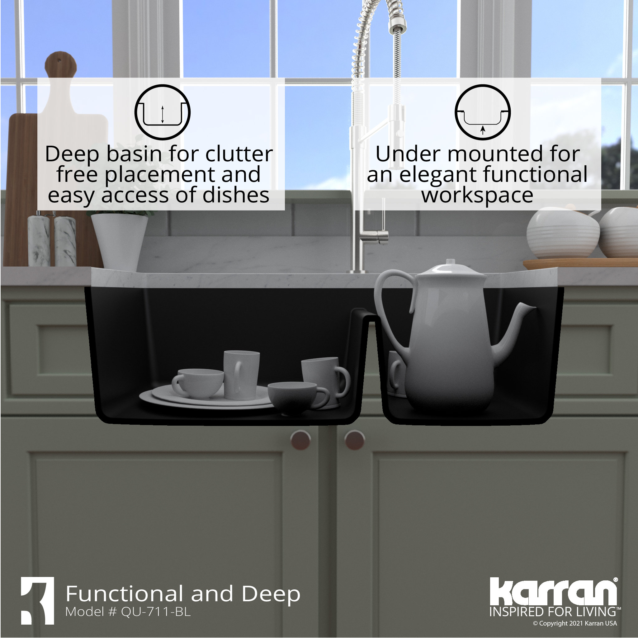 Karran Undermount Quartz 32" 60/40 Double Bowl Kitchen Sink, Black