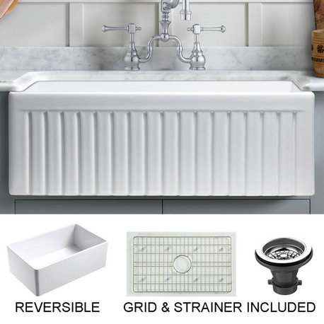 Sutton Place Reversible Farmhouse Single Bowl Kitchen Sink, Grid, Strainer, 30"