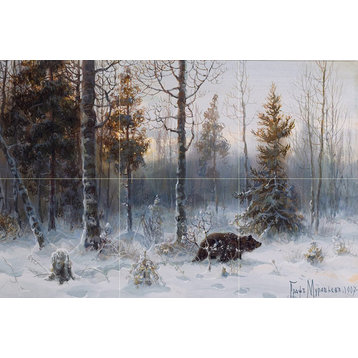 Tile Mural Landscape winter forest snow bear Backsplash 4.25" Ceramic Matte