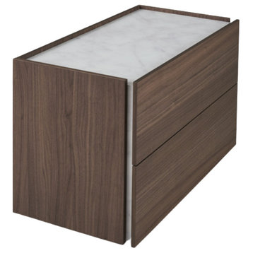 Atlante 2 Drawers Nightstand, Walnut Structure, Marble Glass Top/Inserts