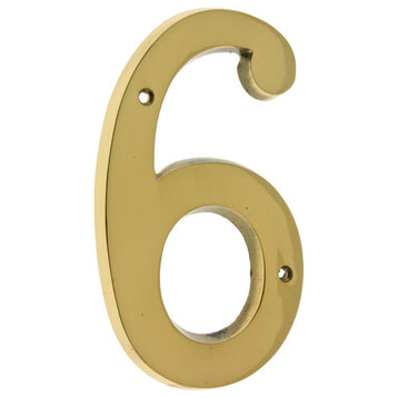 Genuine Solid Brass 6" House Number: #6, Polished Brass