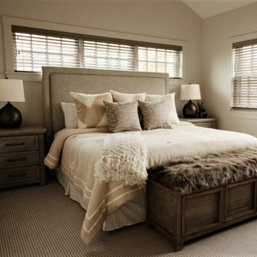 Neutral Bedroom with Storage Bench, Fur Cushion and Throw Pillows