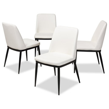 Set of 4 Dining Chair, Faux Leather Seat With Slightly Curved Backrest, White