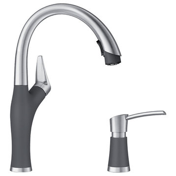 Blanco Artona Pull-Down Kitchen Faucet With Soap Dispenser, Cinder/Stainless