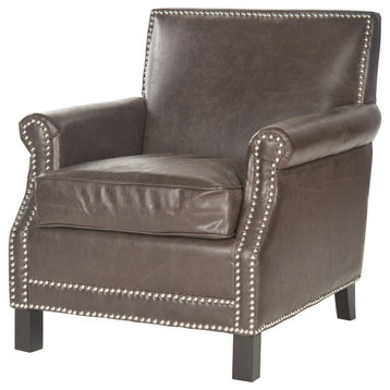 Modern Accent Chair, Cushioned Seat With Rolled Arms & Nailhead Trim, Brown