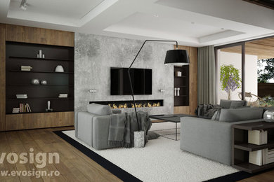 Example of a mid-sized trendy formal and open concept dark wood floor living room design in Other with white walls, a standard fireplace, a concrete fireplace and a wall-mounted tv