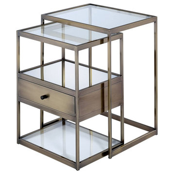 Set of 2 Nesting End Table, Metal Frame and Tempered Glass Top, Antique Brass